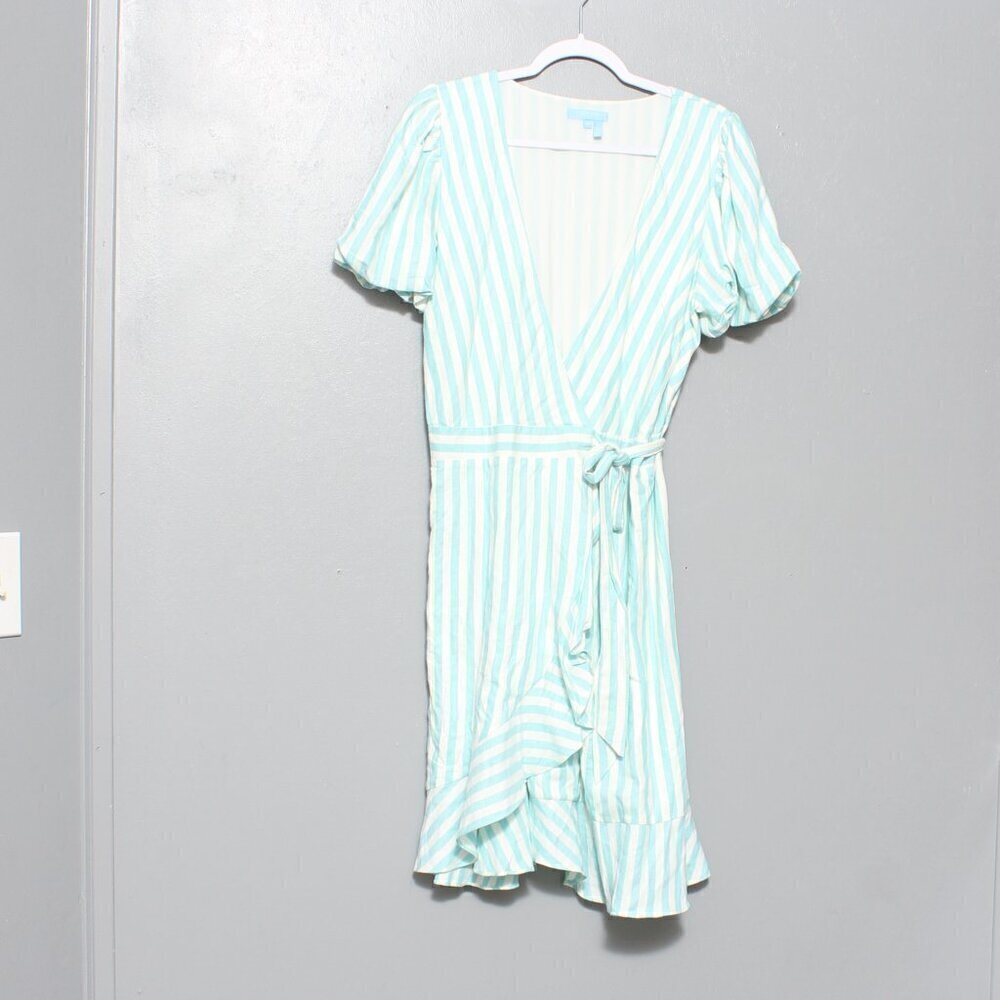Draper James rsvp rayon linen blend blue white stripe wrap dress